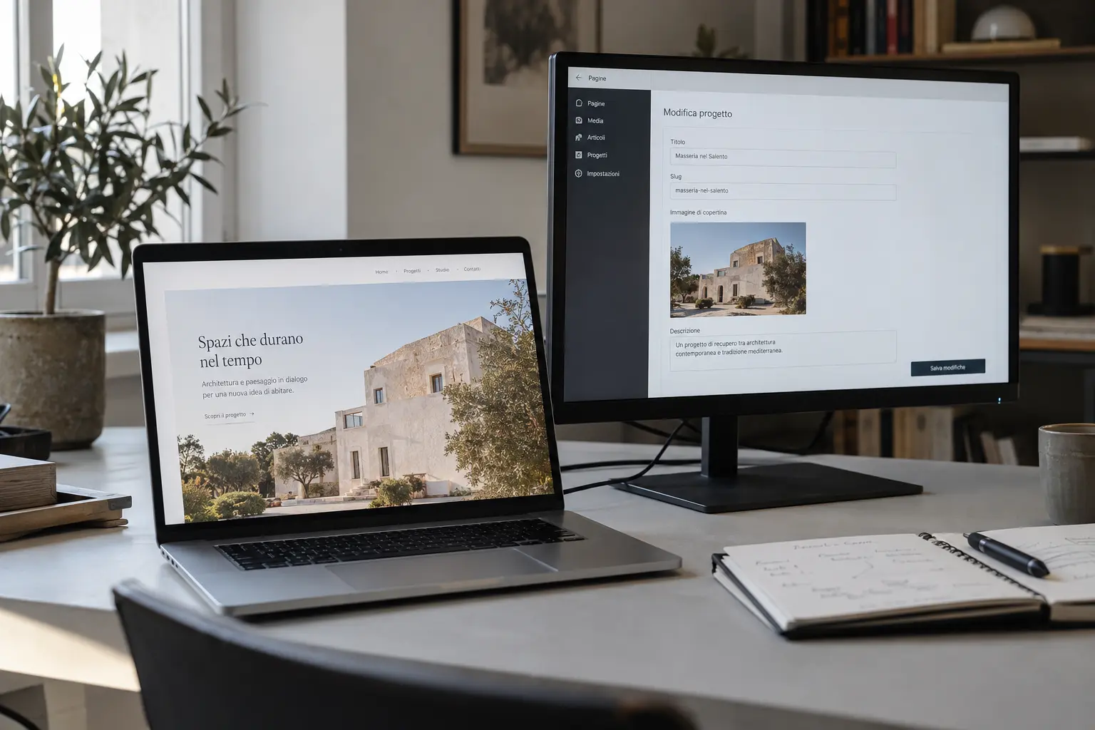 Sito web e pannello di gestione dei contenuti su due schermi