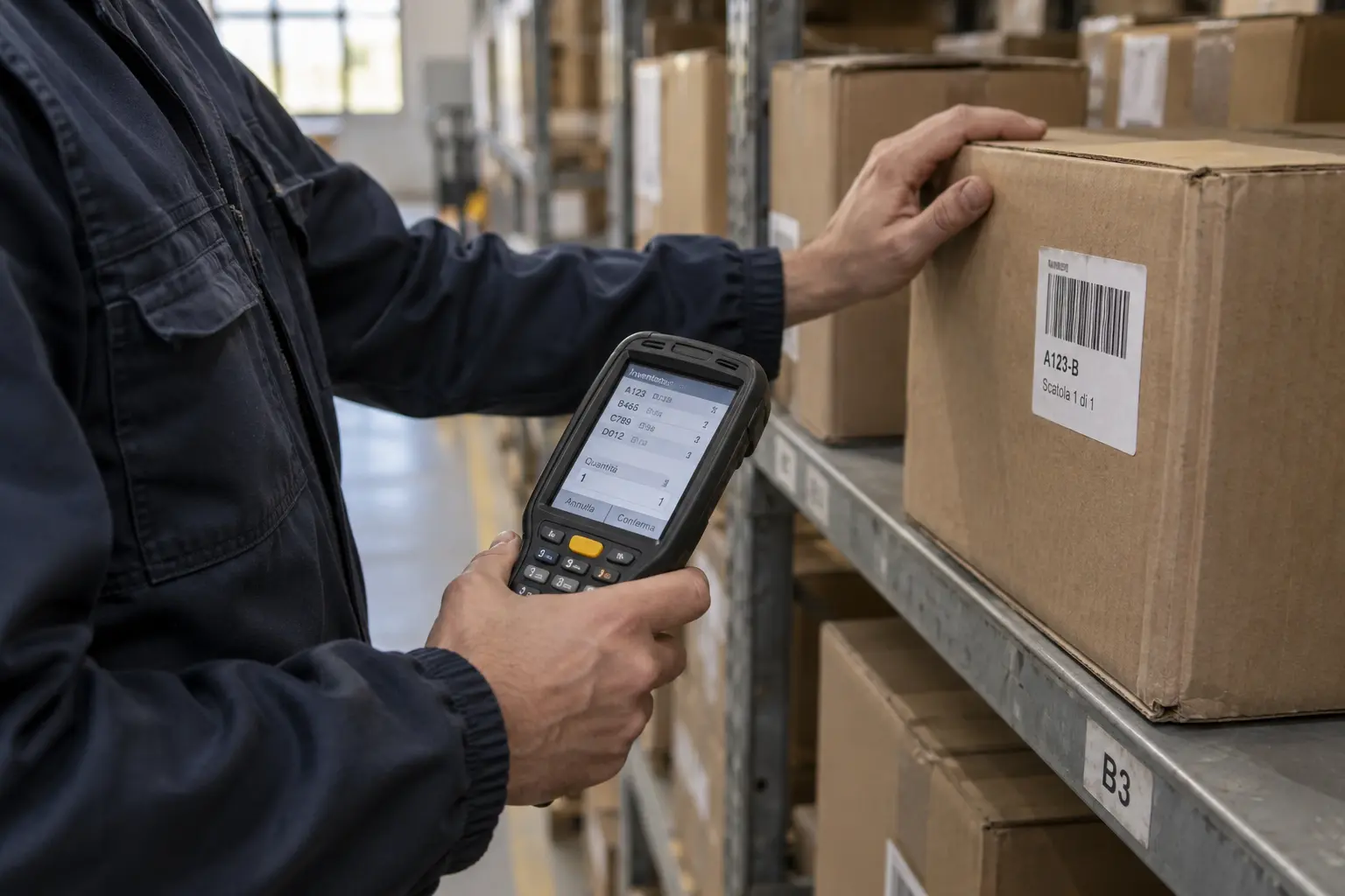 Operatore con terminale portatile per l’inventario in magazzino