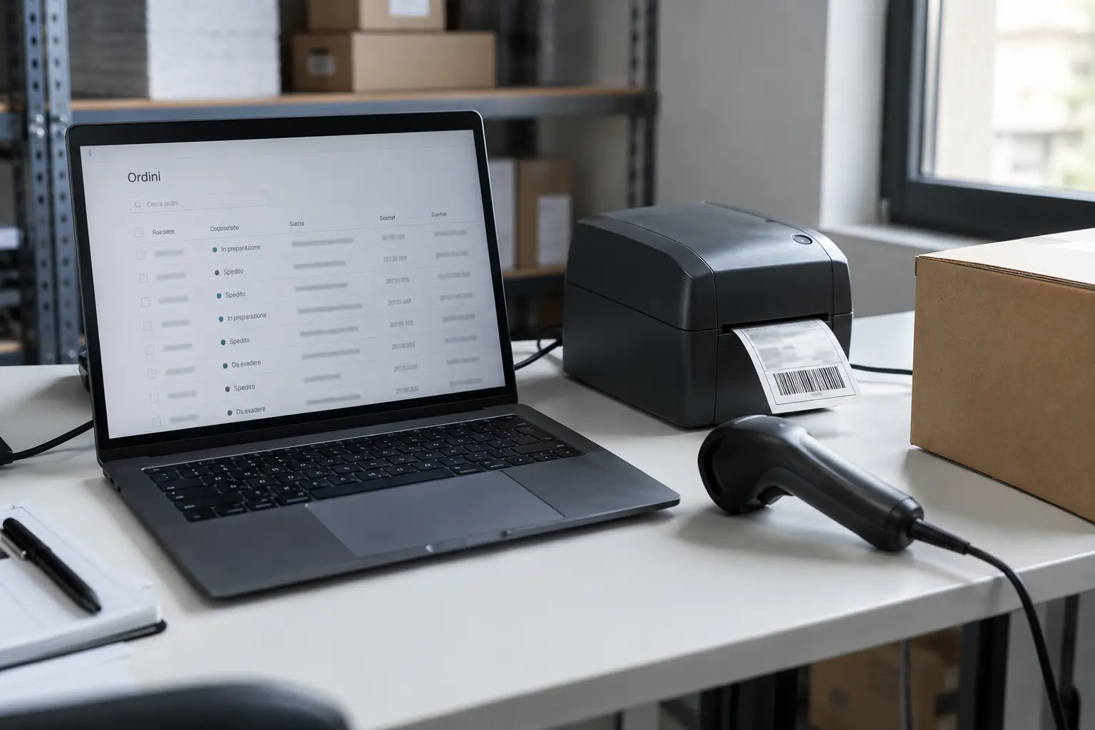 Postazione con gestione ordini, lettore barcode e stampante di etichette