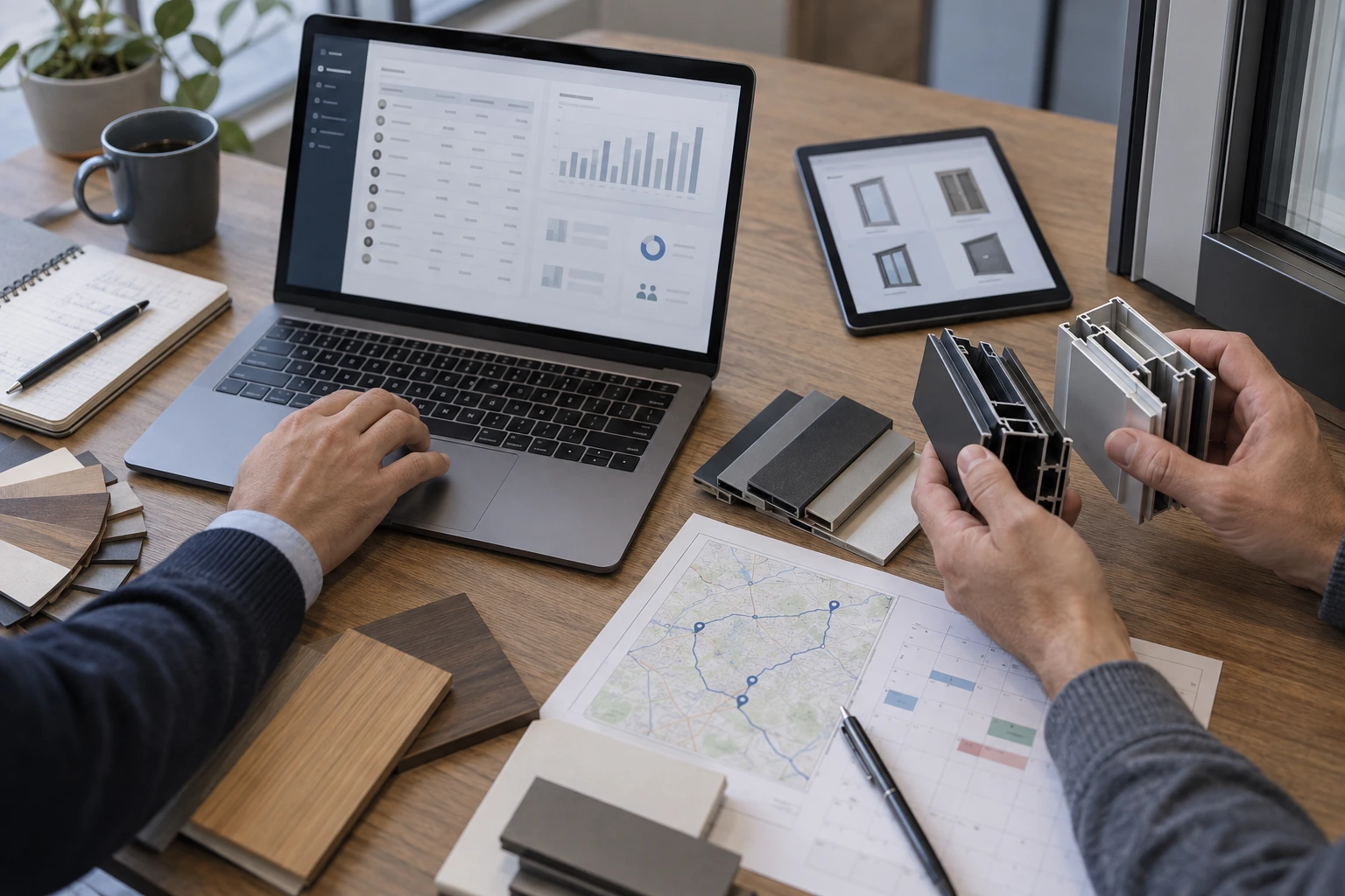 Analisi commerciale con dati, catalogo e campioni di profili per serramenti