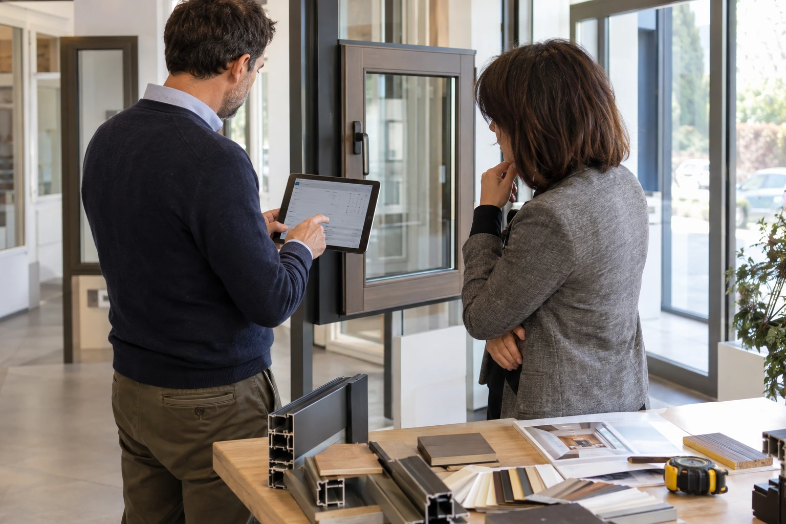 Agente commerciale durante una visita in uno showroom di serramenti