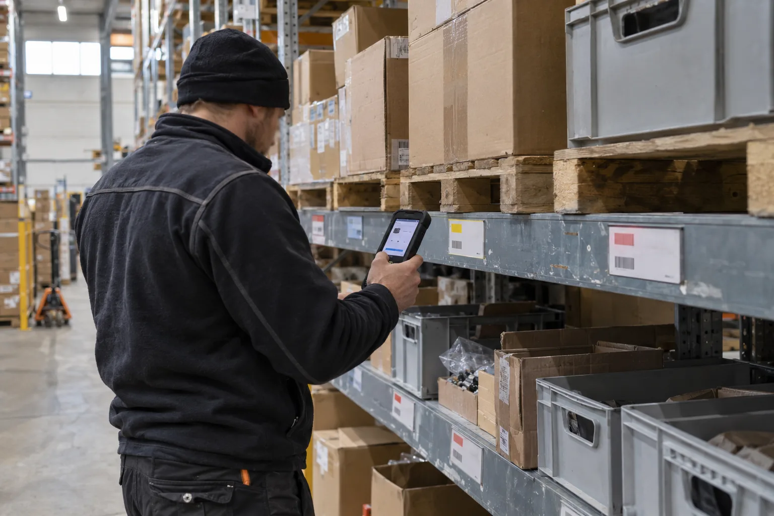 Operatore che esegue un inventario di magazzino con un terminale portatile