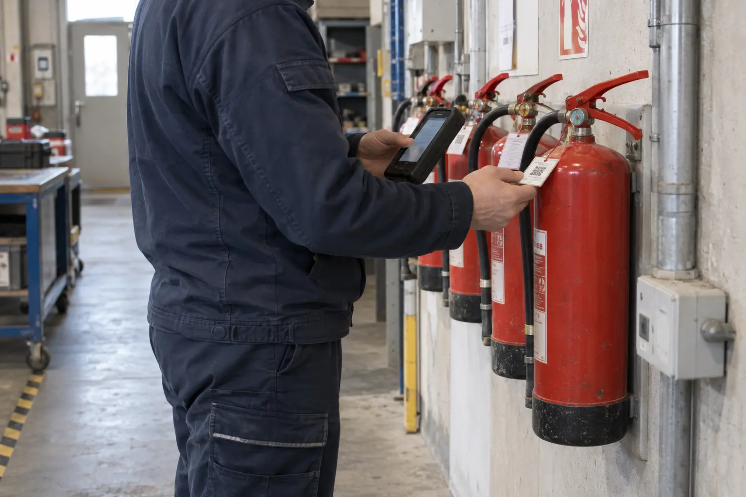 Tecnico durante il controllo di un estintore con un terminale operativo