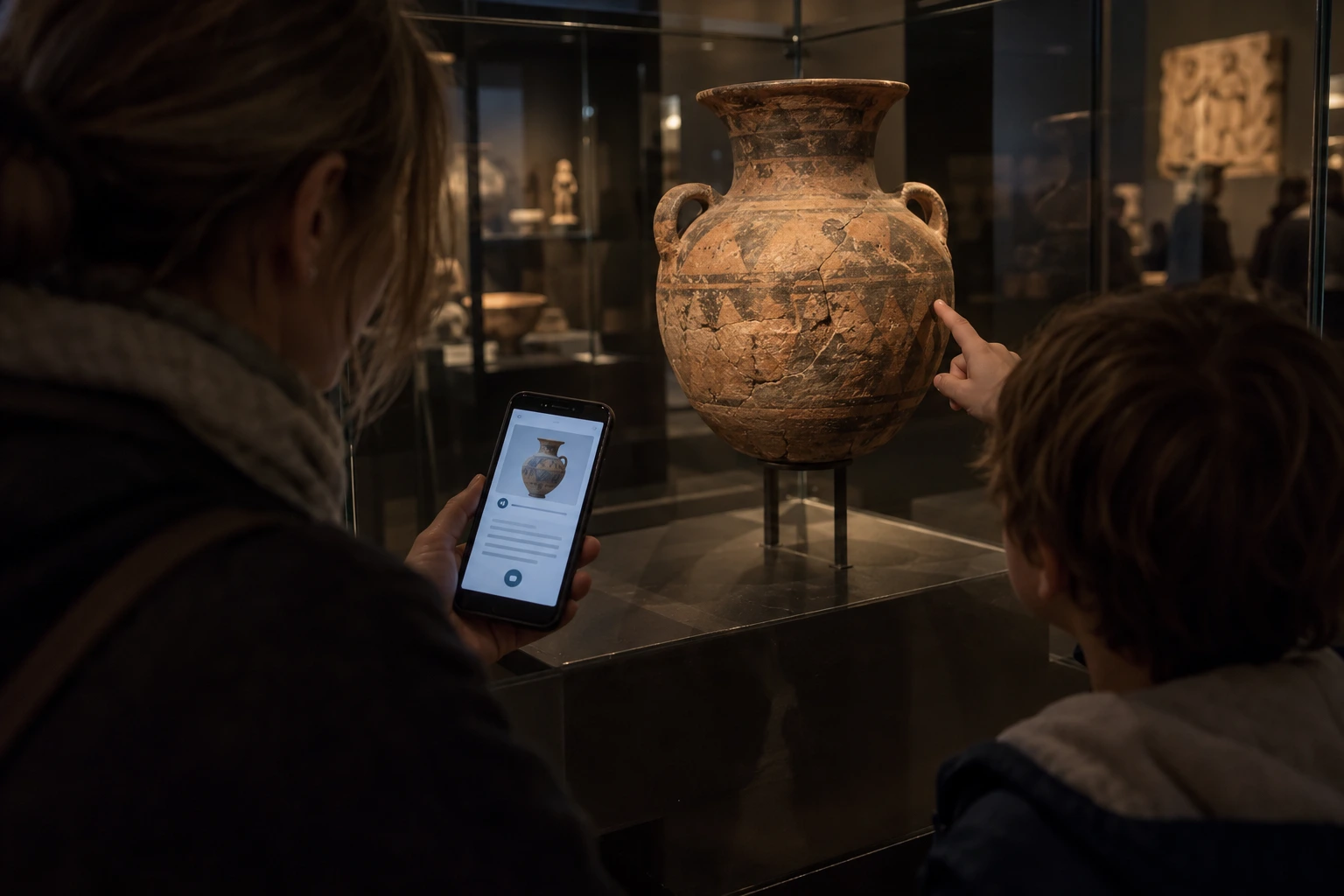 Visitatore che consulta contenuti digitali davanti a un reperto archeologico