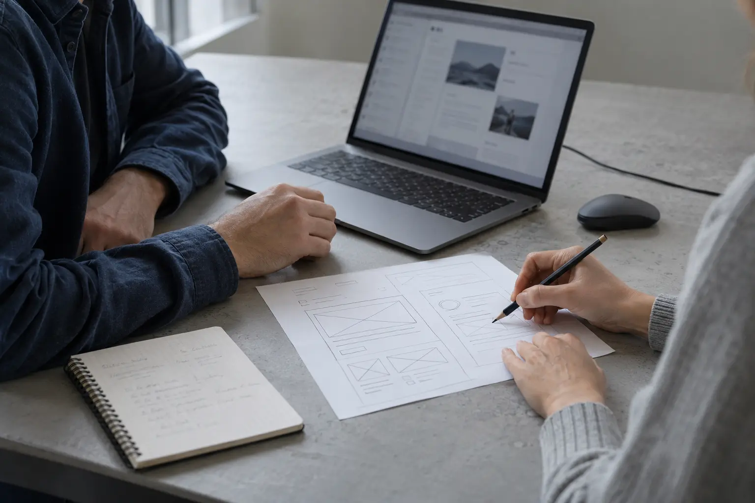 Due persone esaminano uno schema di interfaccia accanto a un laptop
